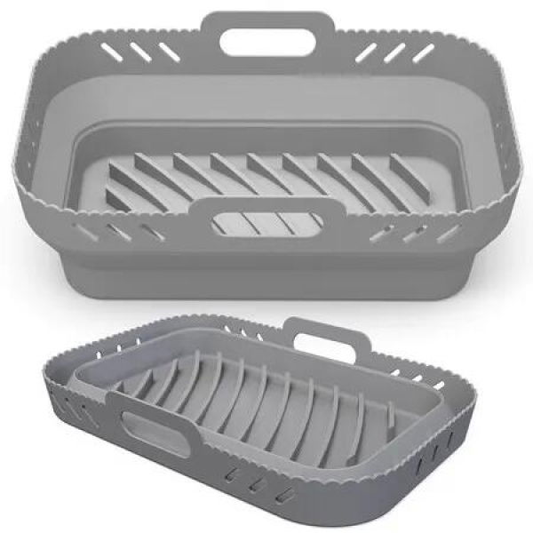 Grey 2 Pack Foldable DualZone Air Fryer Silicone Baking Tray Rectangular Basket Suitable For Ninja DZ201DZ302