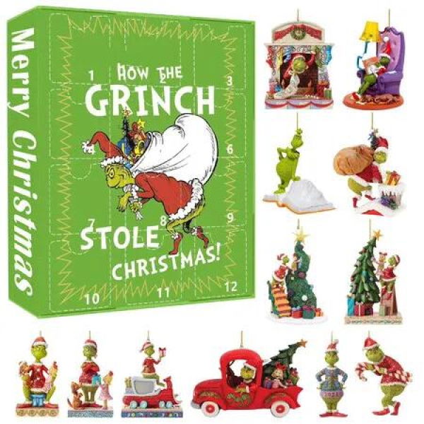 Grin-ch Christmas Advent Calendar 2025, 12 Days Christmas Pendant Hanging Ornament Countdown Calendar Tree Ornaments