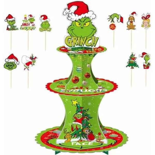 Grinch 3 Tier Christmas Cupcake Stand Sturdy Cardboard Food Display for Party Supplies Cupcakes Candies and Cookies