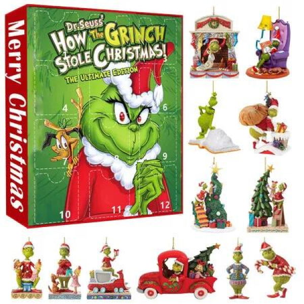Grinch Advent Calendar 12PCS Cute Cartoon Figures Green Monster Dolls for Christmas Holiday Stocking Stuffers GJ171-002