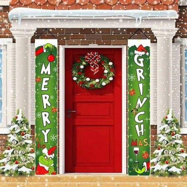 Grinch Christmas Decorations Grinch Porch Sign Door Banner Merry Grinchmas Theme Photography Yard Sign Banner D