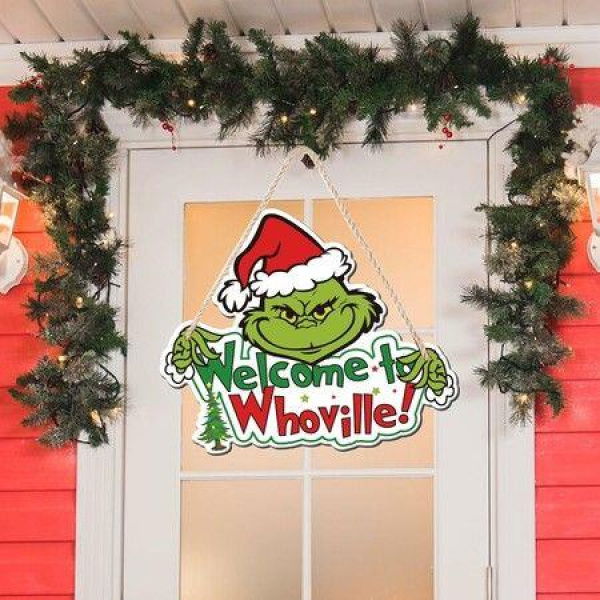 Grinch Christmas Decorations Hanging Signs Welcome To Whoville Wooden Door Sign 32 x 27 cm