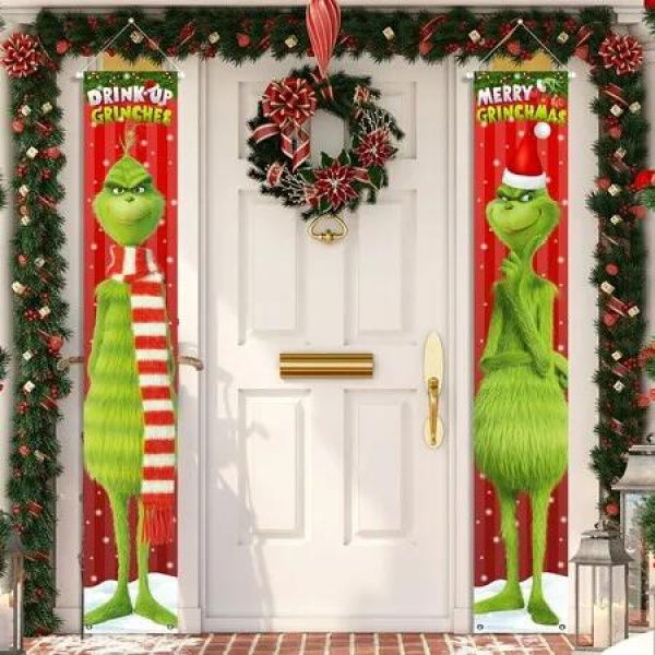 Grinch Christmas Decorations Porch Sign Door Banner, For Home Office Christmas New Year Party Decorations