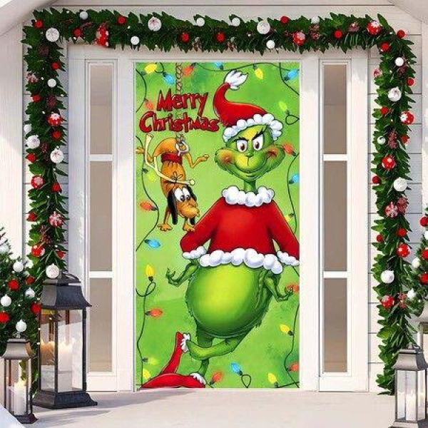 Grinch Christmas Door Cover Decorations Grinch Green Backdrop Merry Christmas Porch Sign 90*180cm