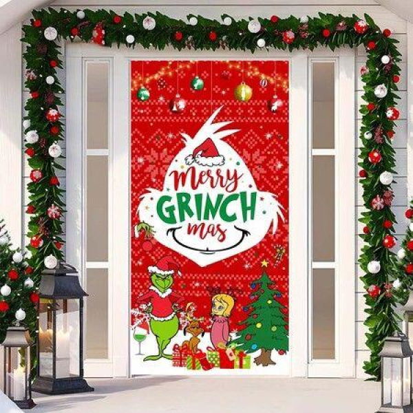 Grinch Christmas Door Cover Decorations Grinch Green Backdrop Merry Christmas Porch Sign 90*180cm