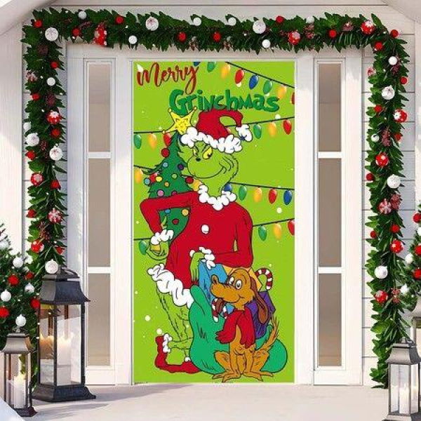 Grinch Christmas Door Cover Decorations Grinch Green Backdrop Merry Christmas Porch Sign 90*180cm