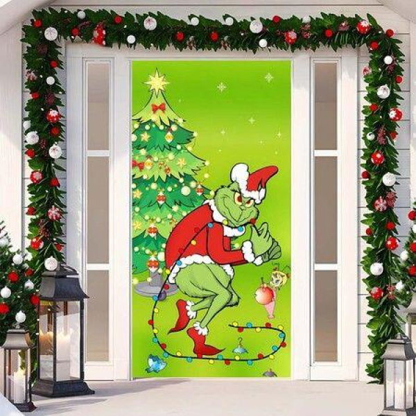 Grinch Christmas Door Cover Decorations Grinch Green Backdrop Merry Christmas Porch Sign 90*180cm