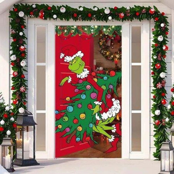 Grinch Christmas Door Cover Decorations Grinch Green Backdrop Merry Christmas Porch Sign 90*180cm