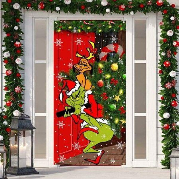 Grinch Christmas Door Cover Merry Grinchmas Black Buffalo Grid Banner 6ft x 3ft Winter Holiday Home Decoration