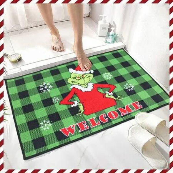 Grinch Christmas Doormat Plaid Washable Non-Slip Front Door Mat Indoor Outdoor Holiday Decor