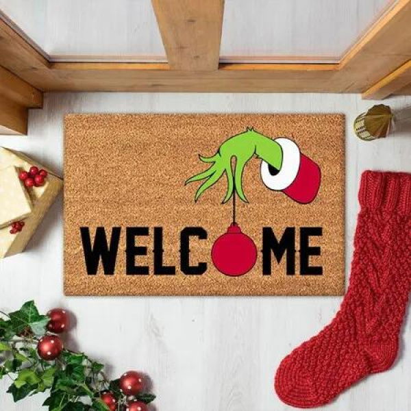 Grinch Christmas Doormat Plaid Washable Non-Slip Front Door Mat Indoor Outdoor Holiday Decor