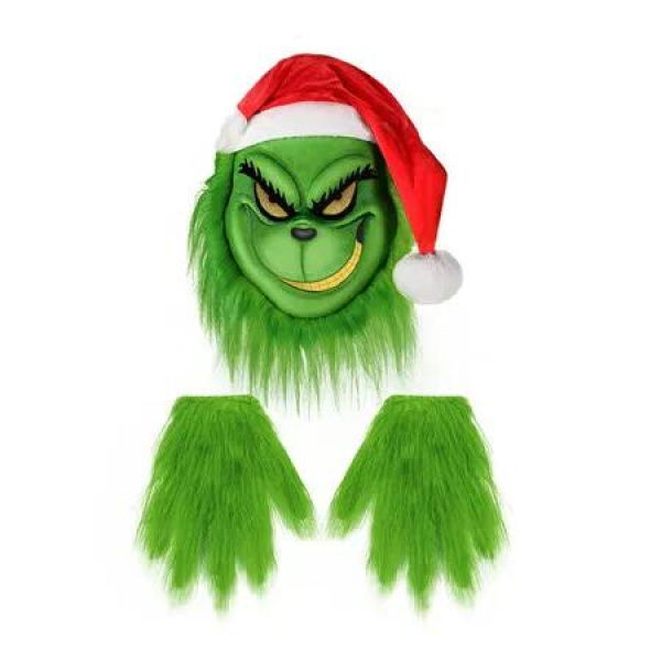 Grinch Christmas Mask with Red Hat and Glove, Costume Christmas Holiday Party Costume Props