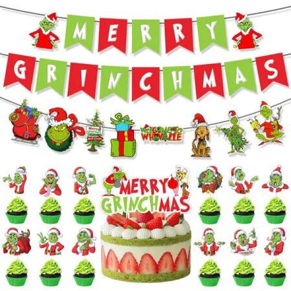 Grinch Christmas Party Decorations Set Merry Ginchmas Banner, Hanging Swirl Decorations, Cupcake Toppers and Cake Toppers