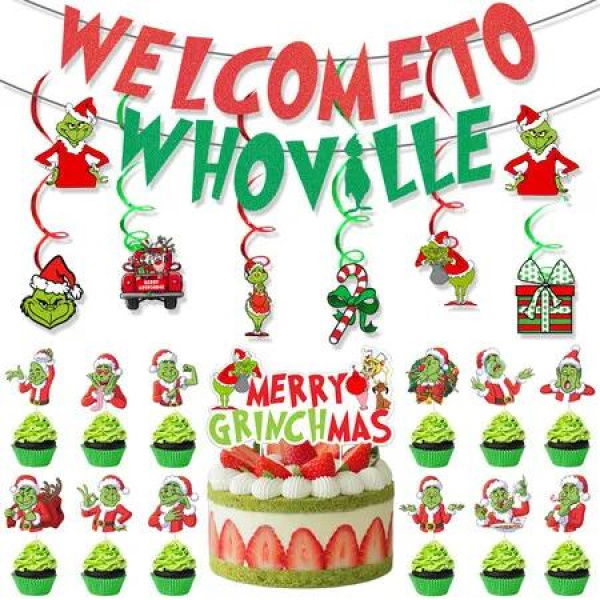 Grinch Christmas Party Decorations Set Welcome To Whoville Banner,Hanging Swirl Decorations,Cupcake Toppers And Cake Toppers
