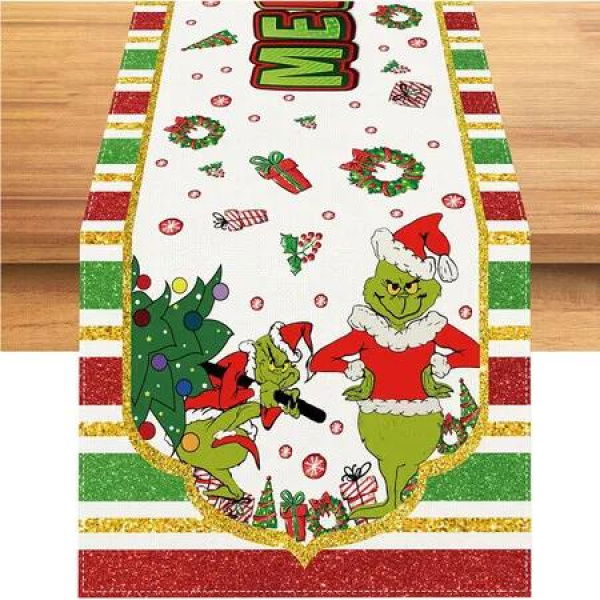 Grinch Christmas Table Runner Merry Christmas Tablecloth Christmas Xmas Winter Holiday Home Kitchen Dining Room Table Decorations 33*183CM