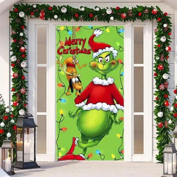 Grinch Merry Christmas Door Cover Decorations, Backdrop Front Door Decor Porch Banner Sign for Indoor Outdoor Party Supplies