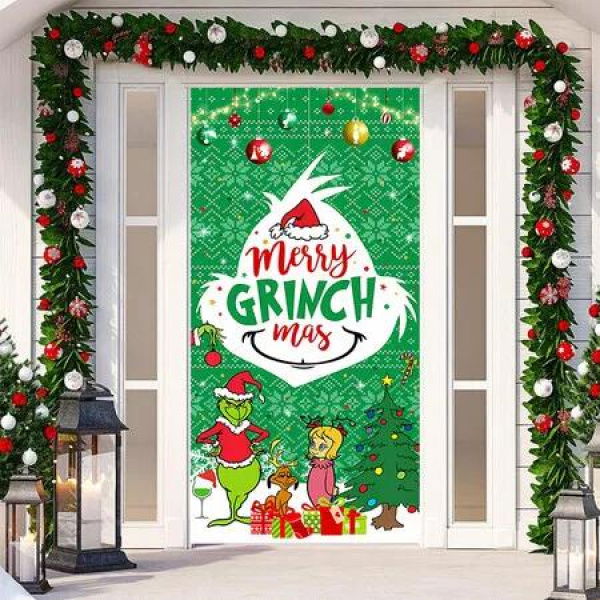 Grinch Merry Christmas Door Cover Decorations, Backdrop Front Door Decor Porch Banner Sign for Indoor Outdoor Party Supplies