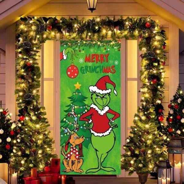 Grinch Merry Christmas Door Cover Decorations, Backdrop Front Door Decor Porch Banner Sign for Indoor Outdoor Party Supplies