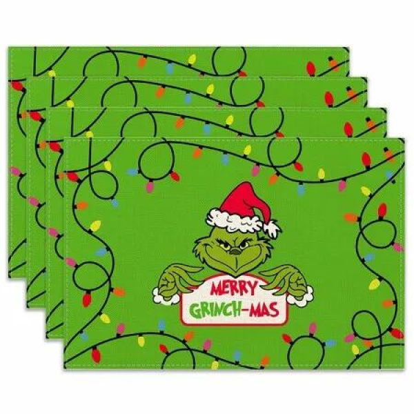 Grinch Placemats Set of 4,Polyester Linen Grinchmas Table Mats New Year Winter Xmas Decor Christmas Decoration Coasters Washable 30 x 45 cm