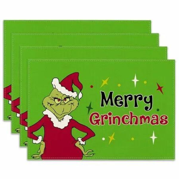Grinch Placemats Set of 4,Polyester Linen Grinchmas Table Mats New Year Winter Xmas Decor Christmas Decoration Coasters Washable 30 x 45 cm