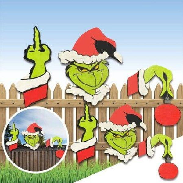 Grinch Stealing Christmas Outdoor Fence Peeker Decoration