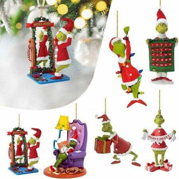 Grinch-Themed Christmas Tree Ornaments Set 6 Acrylic Hanging Decorations for Holiday Tree and Home Decor