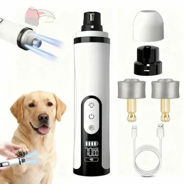 Groom Pro Nail Grinder with 2 LED Light 3-Speed Quiet Painless Paws Grooming Smoothing for Small Medium Large Dogs and Cats (1+2*Replacement Head)