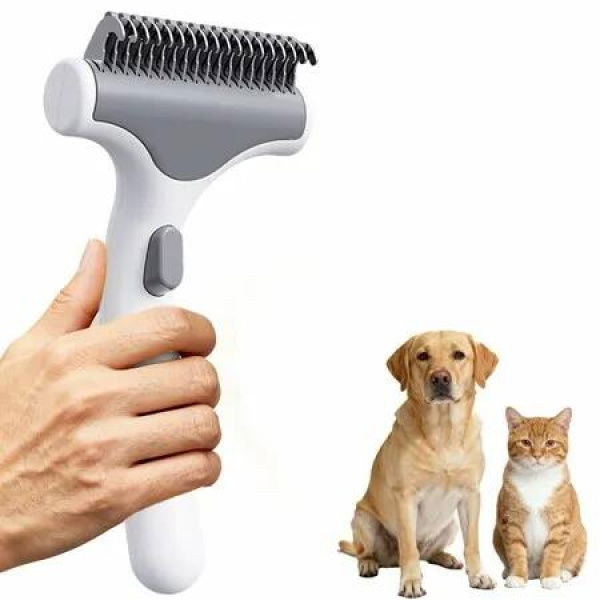 Grooming Rake for Dogs & Cats, Deshedding Brush for Long haired Pets, Dog Brush for Shedding with Release Button White