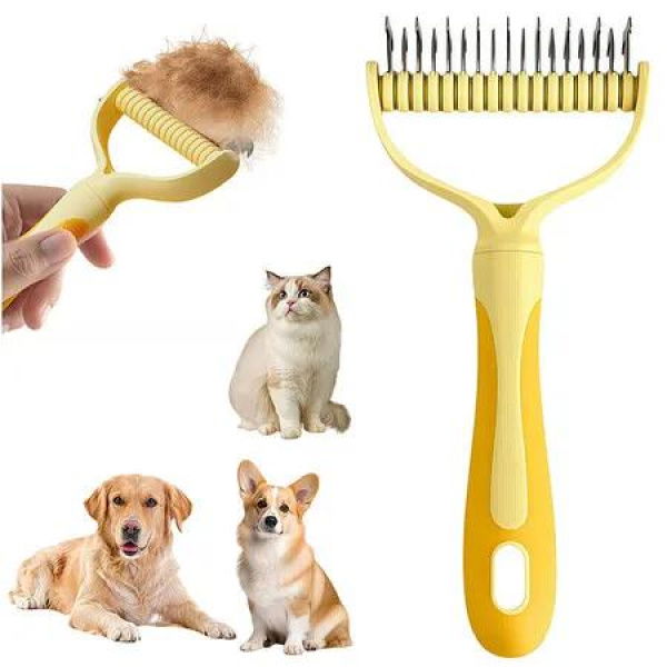 Grooming Rake for Dogs & Cats, Double-Sided Deshedding Brush, Slicker Comb for Undercoat & Loose Hair Removal (Yellow)