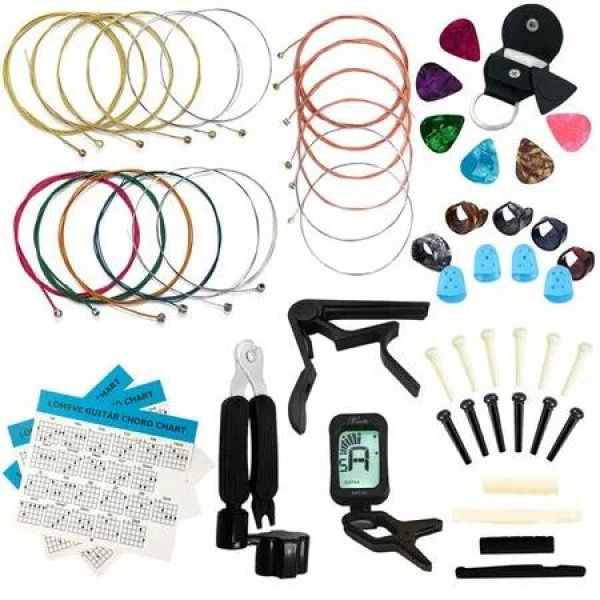 Guitar Accessories Kit Include Acoustic Strings,Tuner,Capo,3-in-1 Restring Tool,Picks,Pick Holder,Bridge Pins,Nuts & Saddles,Finger Protector,Chord Chart (58PCS)