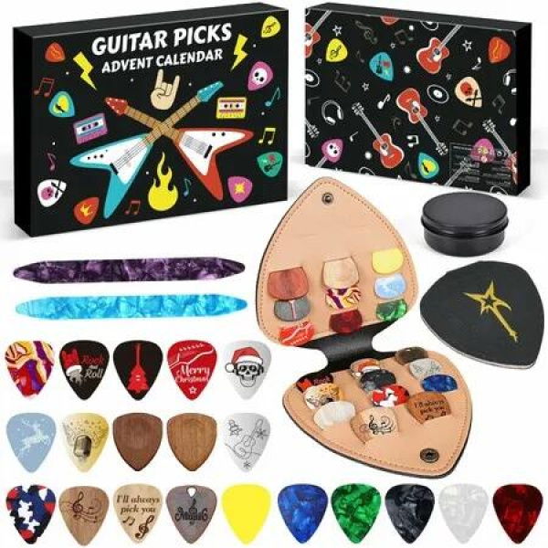 Guitar Picks Advent Calendar 2025,24-Day Countdown with 20 Celluloid & Wood Picks in Multiple Gauges,2 Oud Picks,Pick Holder & Metal Tin Case
