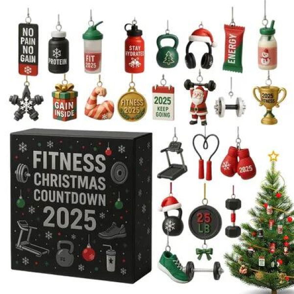 Gym Advents Calendars 2025, 24 Day Christmas Countdown Calendar with Fitness and Workout Pendant, 2D Acrylic Exercise Gear Ornament for Gym Lovers