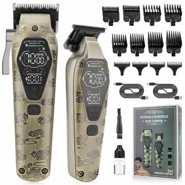 Hair Clippers and Grooming Kit for Men, Cordless, Rechargeable Hair Cutting Set with T-Blade and LED Display