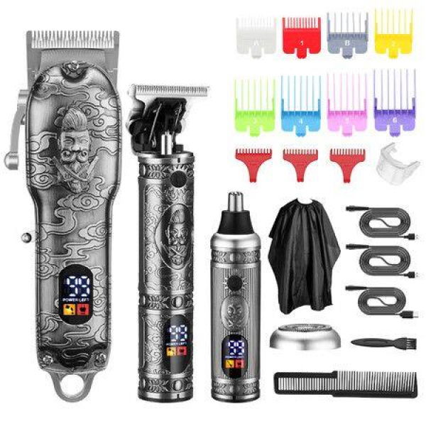 Hair Clippers For Man T-Blade Trimmer Nose Hair Trimmer Set Cordless Barber Clippers Cutting Beard LCD Display-Silver