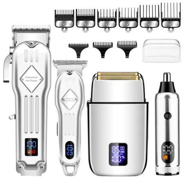Hair Clippers for Men, Professional Beard Trimmer Men Shaver Electric Razor Nose Trimmer Kit, Cordless Barber Clippers and Trimmers Set (Silver)