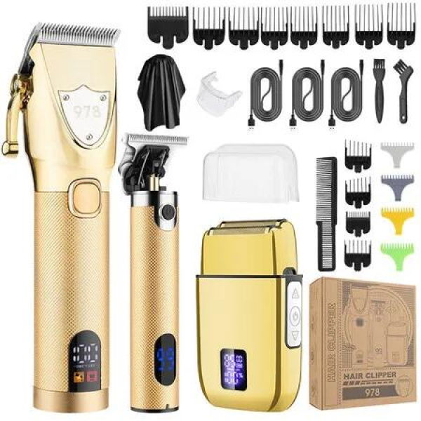 Hair Clippers for Men Professional Cordless Beard Trimmer Electric Shavers Barber Kit(Gold)