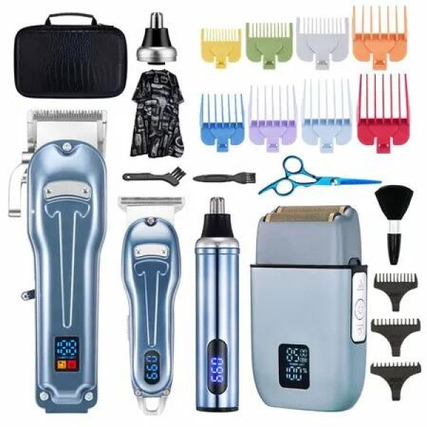 Hair Clippers for Men Zero Gapped T-Blade Trimmer Cordless Nose Hair Trimmer Electric Foil Shaver Rechargeable Hair Grooming Set with LED Display (Blue)