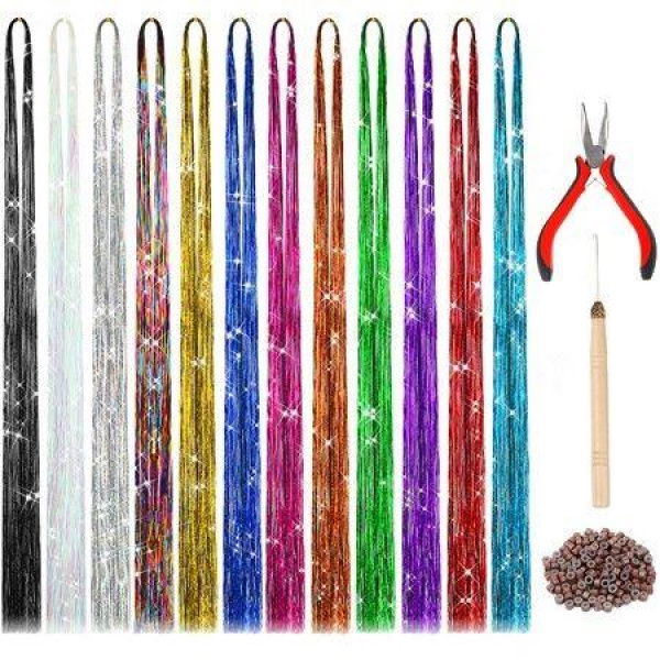 Hair Extension Tinsel With Tool 12 Colors 120cm Hair Extension Tinsel Kit Glitter Hair Accessories For Christmas New Year Halloween Cosplay Party