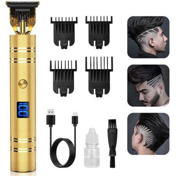 Hair Trimmer T-Blade Outline Trimmer For Men Barbershop Beard Shaver Rechargeable Hair Clippers With LED Display-Gold