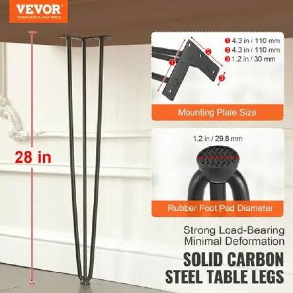 Hairpin Table Legs 0.7M, Set of 4 Desk Legs 408.2KG Load Capacity, Hairpin Desk Legs 3 Rods for Desk Chairs Bench Dining End Table, Solid Carbon Steel Heavy Duty Furniture Legs Black