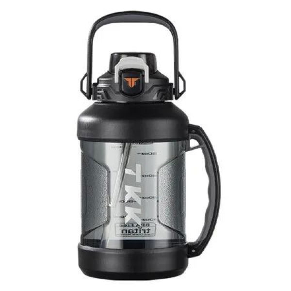 Half Gallon Water Jug Sport Bottle with Straw 2 in 1 Lid Dishwasher Safe BPA Free Leakproof Large Capacity Tritan Plastic Bottle, Black