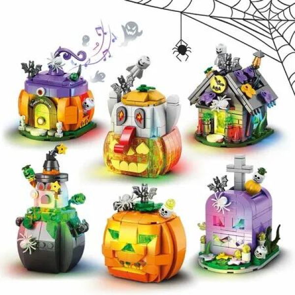 Halloween Building Blocks Set -Haunted House,Pumpkin Carriage,Skull Head 6 Models Party Gift for Boys or Girls 6-12 Years Old