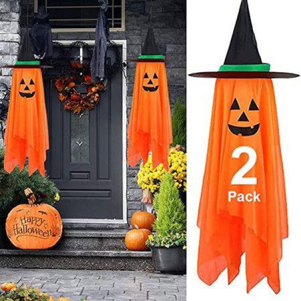 Halloween Decorations 2 Pack Orange Pumpkin Wizard Hat With Witch Ghosts Hanging Ornaments For Home Party Garden Decorations