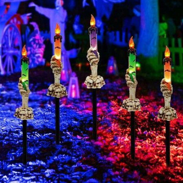 Halloween Decorations 5-Pack Skeleton Hands Hold Lighted Candle Stakes Light Up For Halloween Indoor/Outdoor Garden Decor.