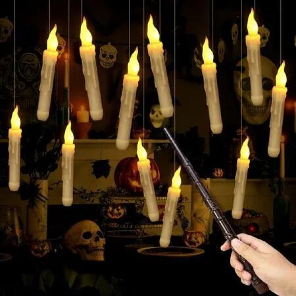 Halloween Decorations Hanging Candles,12 Pack Candles With Wand Magic,Flickering Warm Light Floating LED Candle For Harry Potter Party Decorations