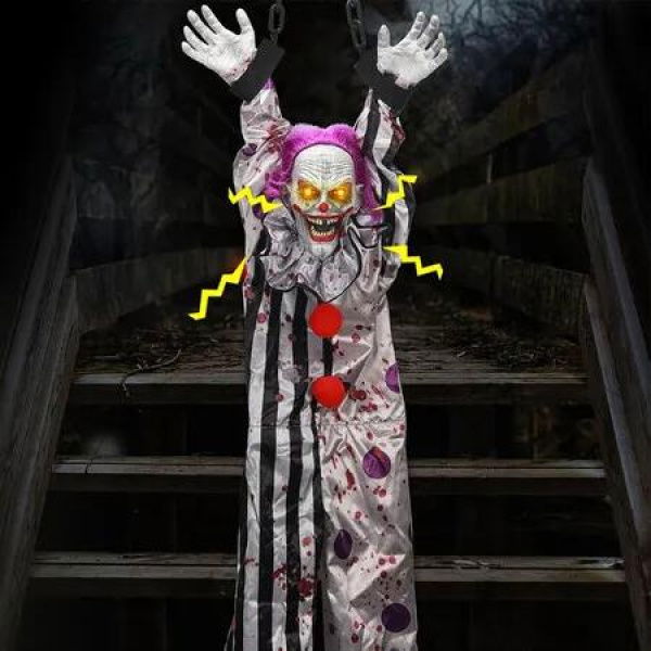 Halloween Decorations Outdoor Hanging Talking Clown with Light Up Red Eyes, Sound and Touch Activated for Indoor Yard Haunted House Decor