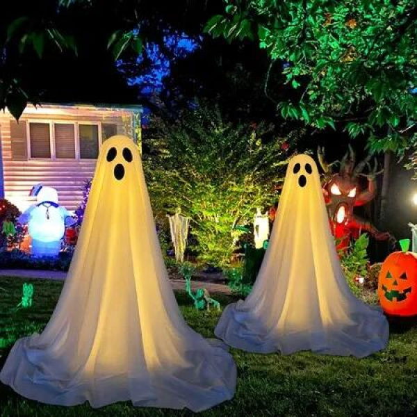 Halloween Decorations Outdoor,Spooky Ghost Halloween Decor with String Lights Battery Operated,Easy to Assemble Ghost Decorations for Front Porch Yard 2 Pack