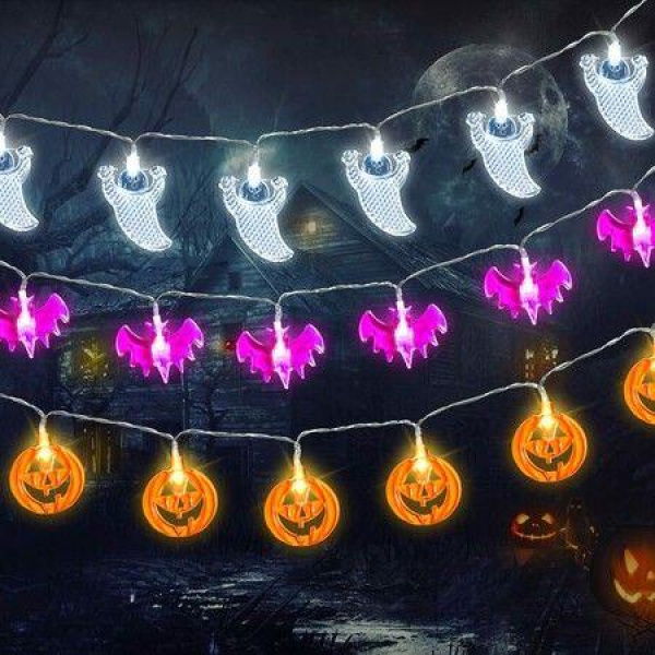 Halloween Decorations String Lights Set Of 3 30 LEDs 3M Each Light Pumpkins Bats Ghosts Lights Indoor/Outdoor.