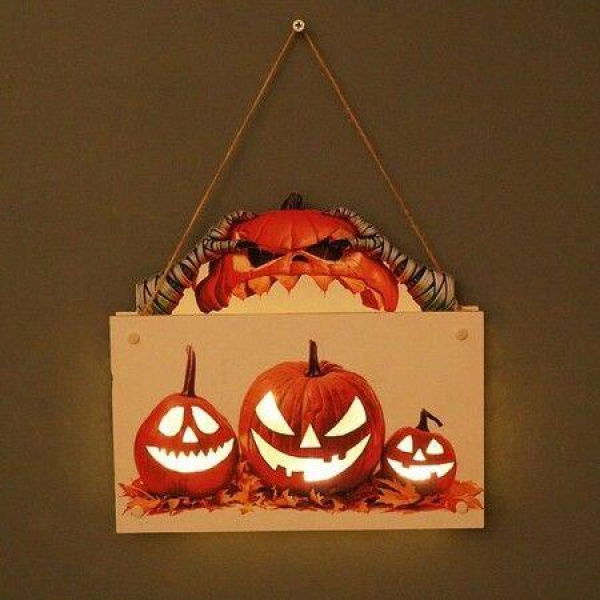 Halloween Door Sign Hanging Lighting Ornament - Evil Pumpkin 25x23 cm