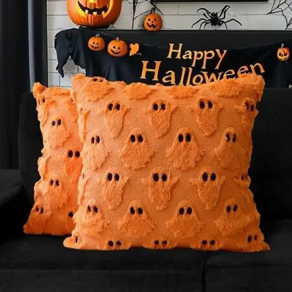 Halloween Ghost Decorative Pillow Covers 45x45cm Set of 2,Orange Soft Plush Faux Fur Farmhouse Throw Cushion Cases for Fall Autumn Holiday Home Decorations
